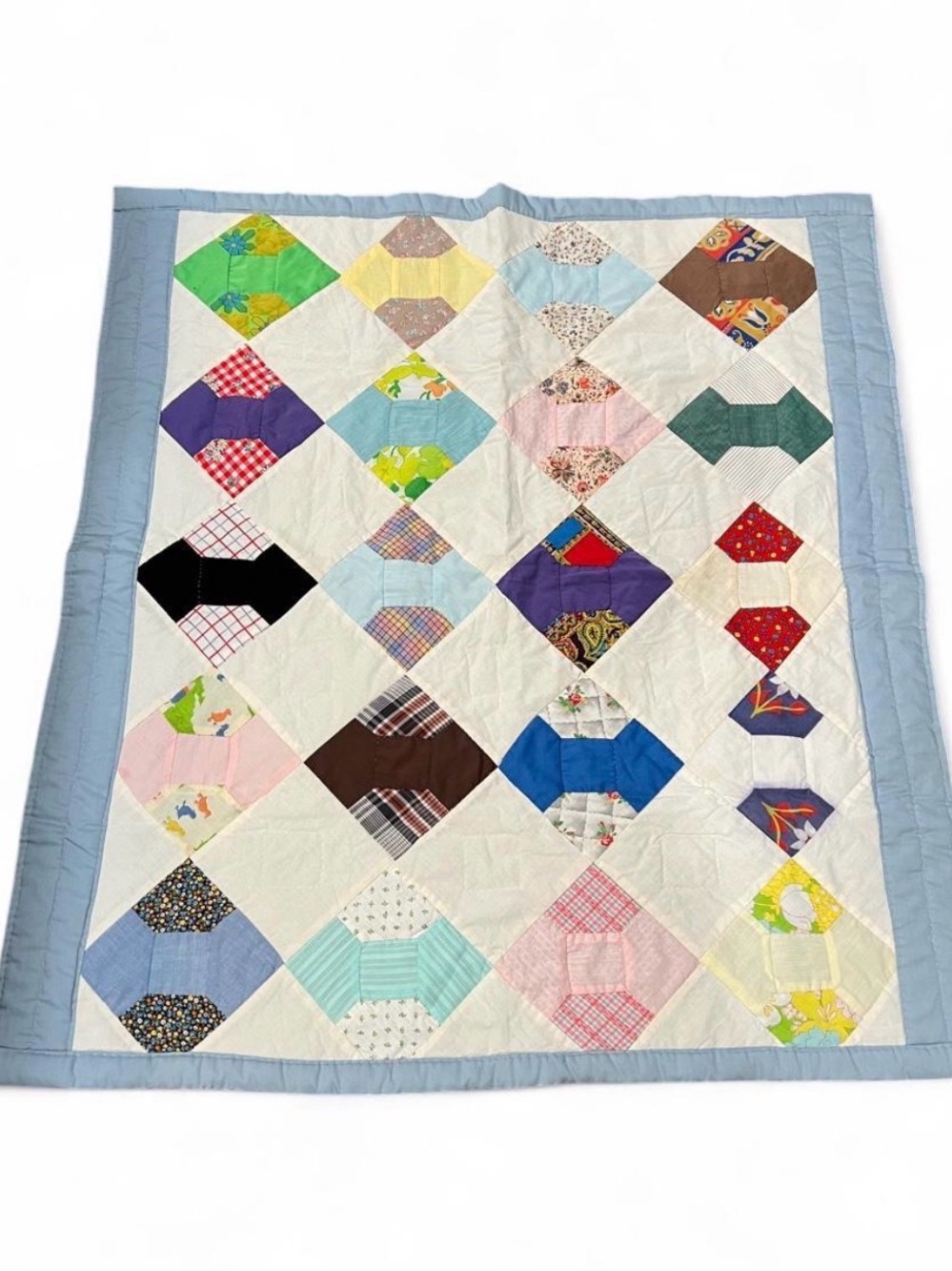 Vintage 80’s Patchwork Baby Quilt - Light Blue Border, Multicolor Blocks